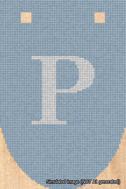A simulated image of the stitched needlepoint design: Banner 18m Rounded P White on Light Blue. Not A.I. generated.