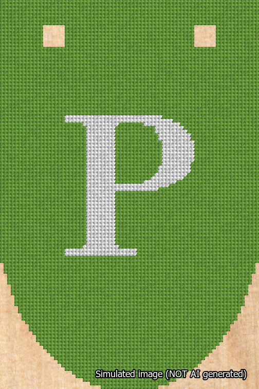 A simulated image of the stitched needlepoint design: Banner 18m Rounded P White on Light Green. Not A.I. generated.