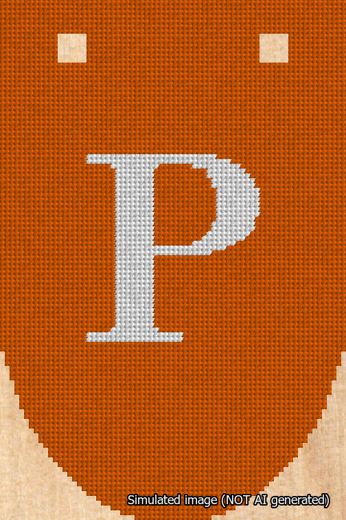 A simulated image of the stitched needlepoint design: Banner 18m Rounded P White on Orange. Not A.I. generated.