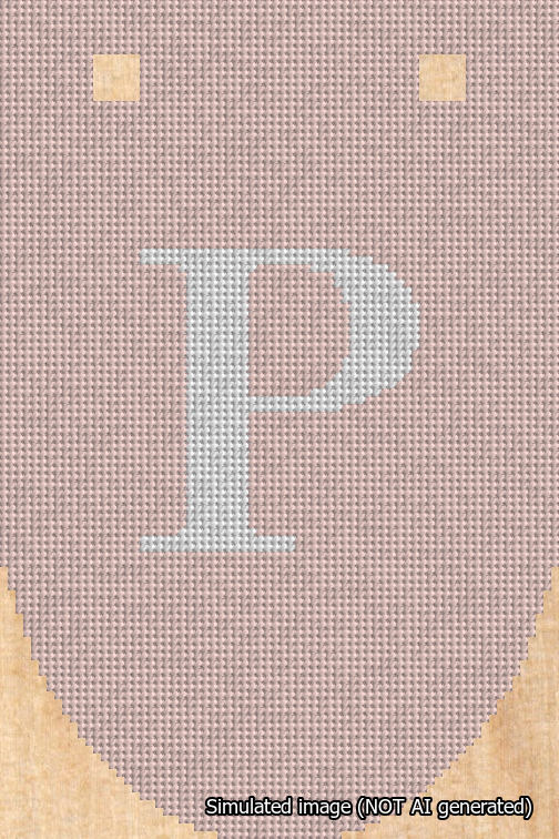 A simulated image of the stitched needlepoint design: Banner 18m Rounded P White on Pink. Not A.I. generated.