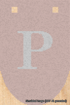 A simulated image of the stitched needlepoint design: Banner 18m Rounded P White on Pink. Not A.I. generated.