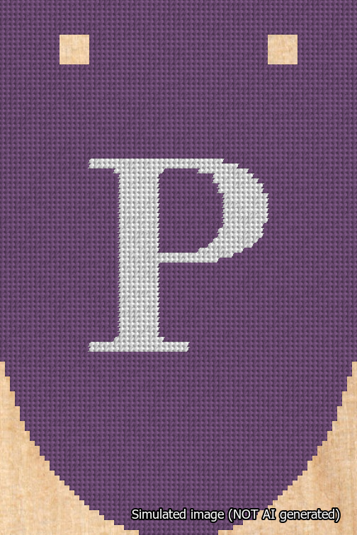 A simulated image of the stitched needlepoint design: Banner 18m Rounded P White on Purple. Not A.I. generated.