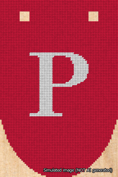 A simulated image of the stitched needlepoint design: Banner 18m Rounded P White on Red. Not A.I. generated.