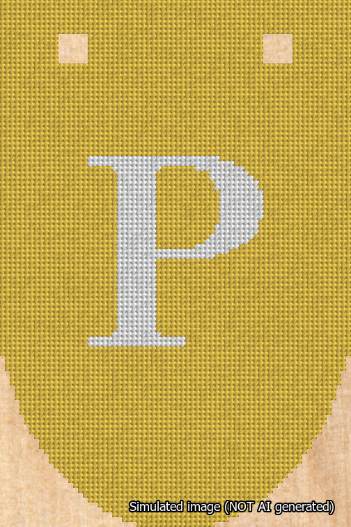 A simulated image of the stitched needlepoint design: Banner 18m Rounded P White on Yellow. Not A.I. generated.