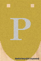 A simulated image of the stitched needlepoint design: Banner 18m Rounded P White on Yellow. Not A.I. generated.