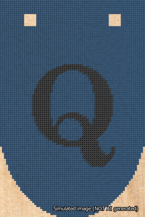 A simulated image of the stitched needlepoint design: Banner 18m Rounded Q Black on Blue. Not A.I. generated.
