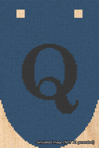 A simulated image of the stitched needlepoint design: Banner 18m Rounded Q Black on Blue. Not A.I. generated.