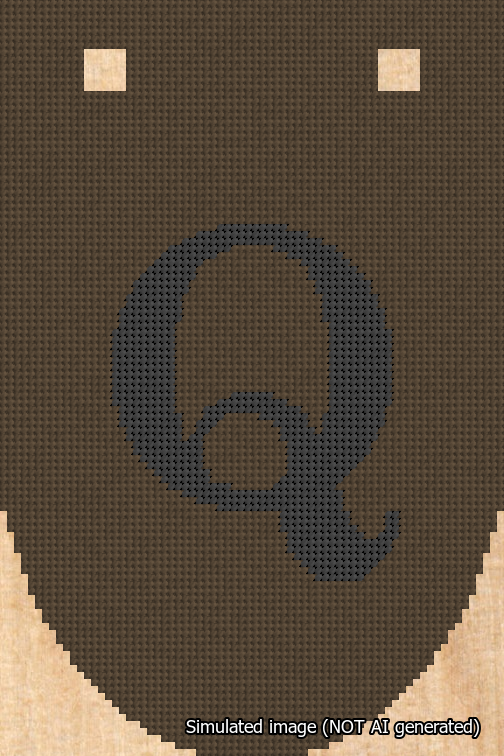 A simulated image of the stitched needlepoint design: Banner 18m Rounded Q Black on Brown. Not A.I. generated.