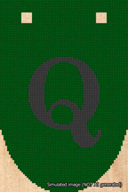 A simulated image of the stitched needlepoint design: Banner 18m Rounded Q Black on Green. Not A.I. generated.