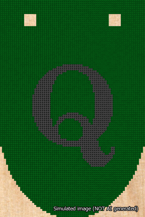 A simulated image of the stitched needlepoint design: Banner 18m Rounded Q Black on Green. Not A.I. generated.