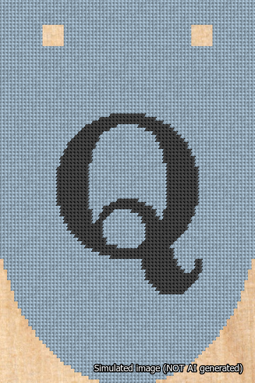A simulated image of the stitched needlepoint design: Banner 18m Rounded Q Black on Light Blue. Not A.I. generated.