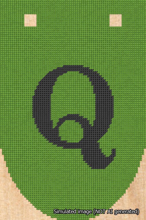 A simulated image of the stitched needlepoint design: Banner 18m Rounded Q Black on Light Green. Not A.I. generated.