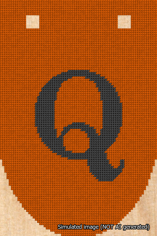 A simulated image of the stitched needlepoint design: Banner 18m Rounded Q Black on Orange. Not A.I. generated.