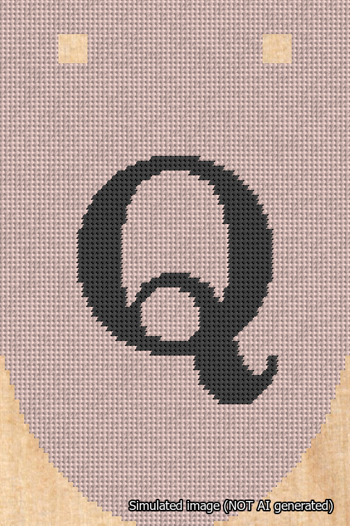 A simulated image of the stitched needlepoint design: Banner 18m Rounded Q Black on Pink. Not A.I. generated.