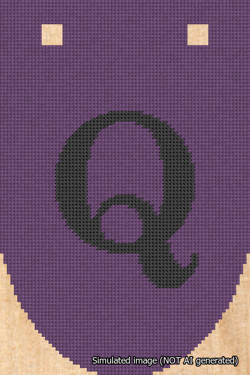 A simulated image of the stitched needlepoint design: Banner 18m Rounded Q Black on Purple. Not A.I. generated.