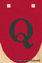 A simulated image of the stitched needlepoint design: Banner 18m Rounded Q Black on Red. Not A.I. generated.