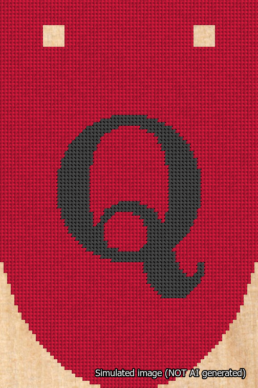 A simulated image of the stitched needlepoint design: Banner 18m Rounded Q Black on Red. Not A.I. generated.