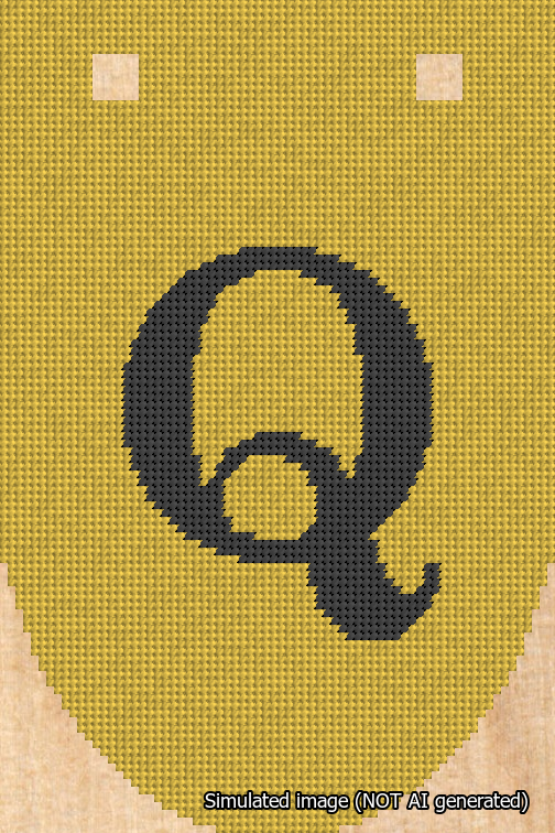 A simulated image of the stitched needlepoint design: Banner 18m Rounded Q Black on Yellow. Not A.I. generated.