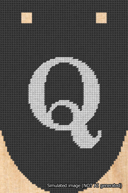 A simulated image of the stitched needlepoint design: Banner 18m Rounded Q White on Black. Not A.I. generated.