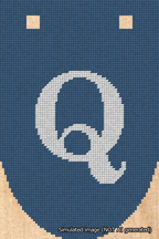 A simulated image of the stitched needlepoint design: Banner 18m Rounded Q White on Blue. Not A.I. generated.