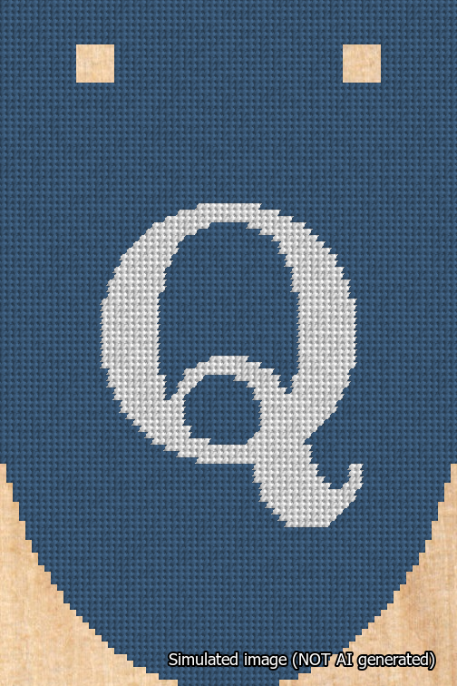 A simulated image of the stitched needlepoint design: Banner 18m Rounded Q White on Blue. Not A.I. generated.