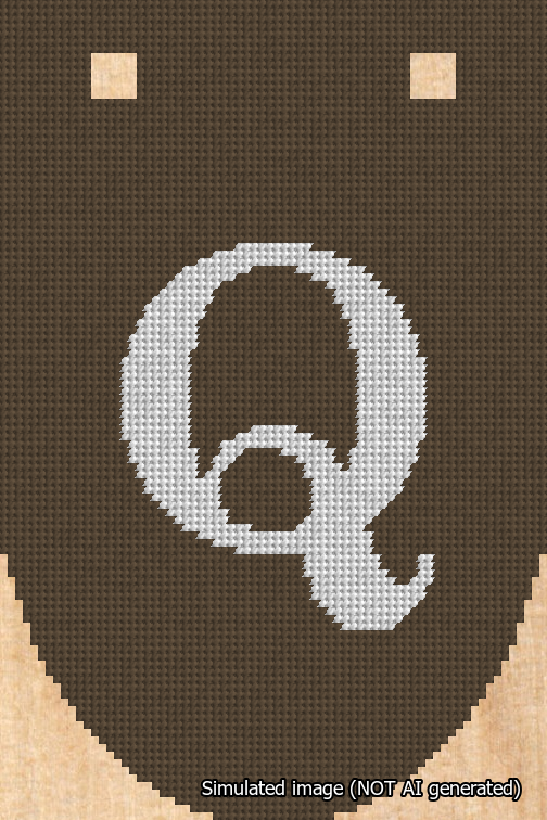 A simulated image of the stitched needlepoint design: Banner 18m Rounded Q White on Brown. Not A.I. generated.