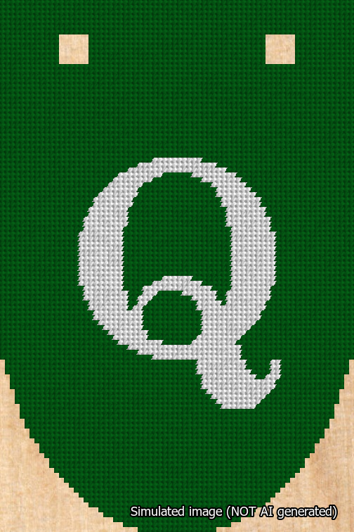 A simulated image of the stitched needlepoint design: Banner 18m Rounded Q White on Green. Not A.I. generated.