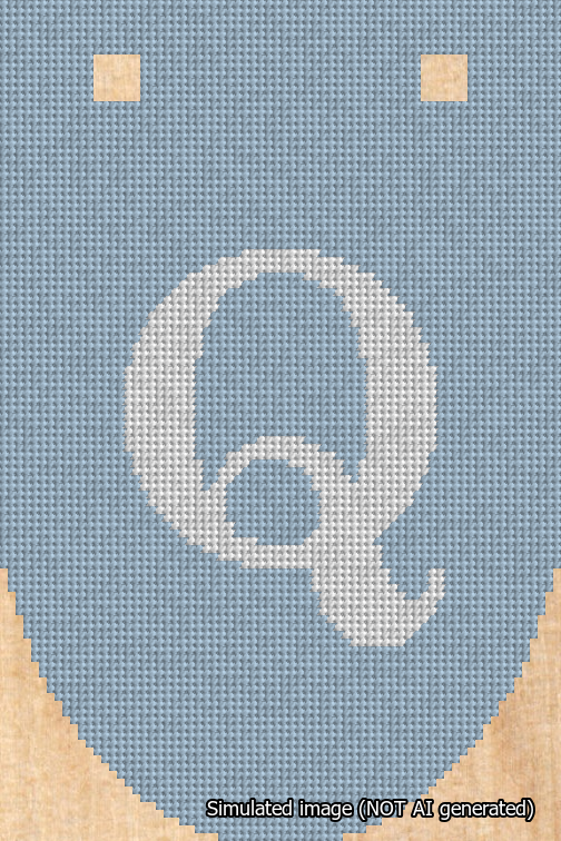 A simulated image of the stitched needlepoint design: Banner 18m Rounded Q White on Light Blue. Not A.I. generated.