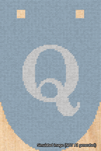 A simulated image of the stitched needlepoint design: Banner 18m Rounded Q White on Light Blue. Not A.I. generated.