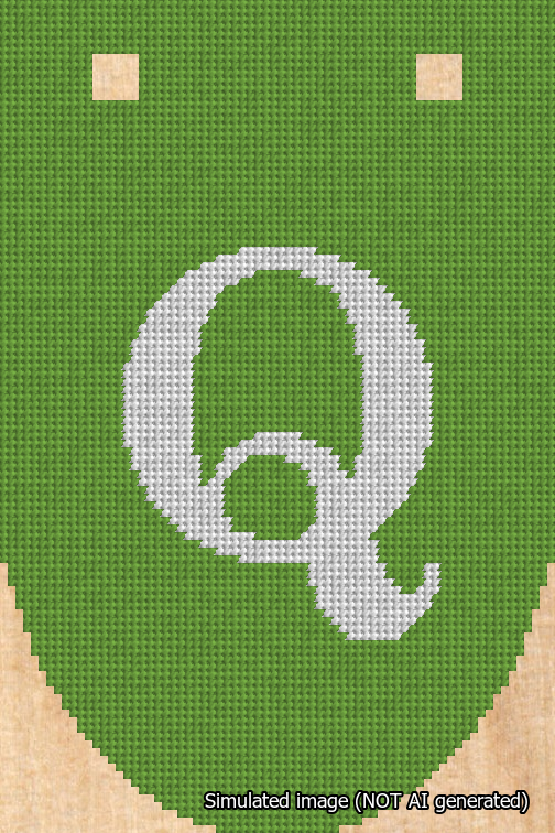 A simulated image of the stitched needlepoint design: Banner 18m Rounded Q White on Light Green. Not A.I. generated.