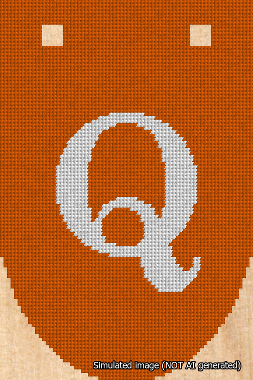 A simulated image of the stitched needlepoint design: Banner 18m Rounded Q White on Orange. Not A.I. generated.