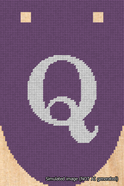 A simulated image of the stitched needlepoint design: Banner 18m Rounded Q White on Purple. Not A.I. generated.