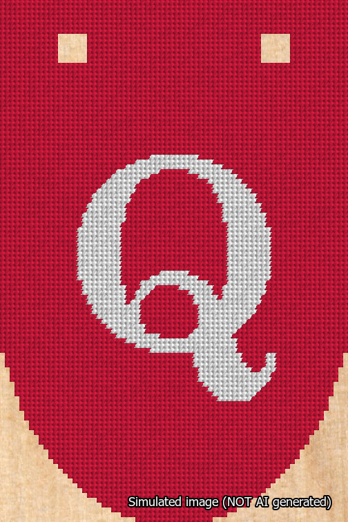 A simulated image of the stitched needlepoint design: Banner 18m Rounded Q White on Red. Not A.I. generated.