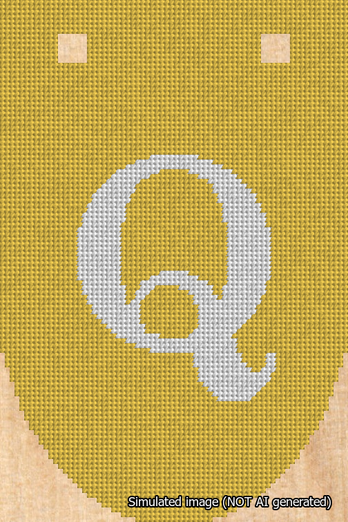 A simulated image of the stitched needlepoint design: Banner 18m Rounded Q White on Yellow. Not A.I. generated.