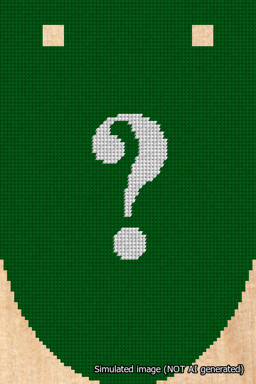 A simulated image of the stitched needlepoint design: Banner 18m Rounded Question White on Green. Not A.I. generated.