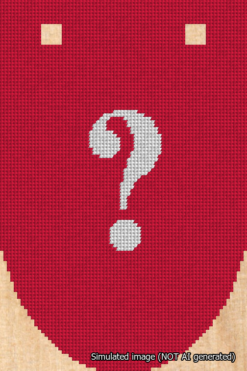 A simulated image of the stitched needlepoint design: Banner 18m Rounded Question White on Red. Not A.I. generated.