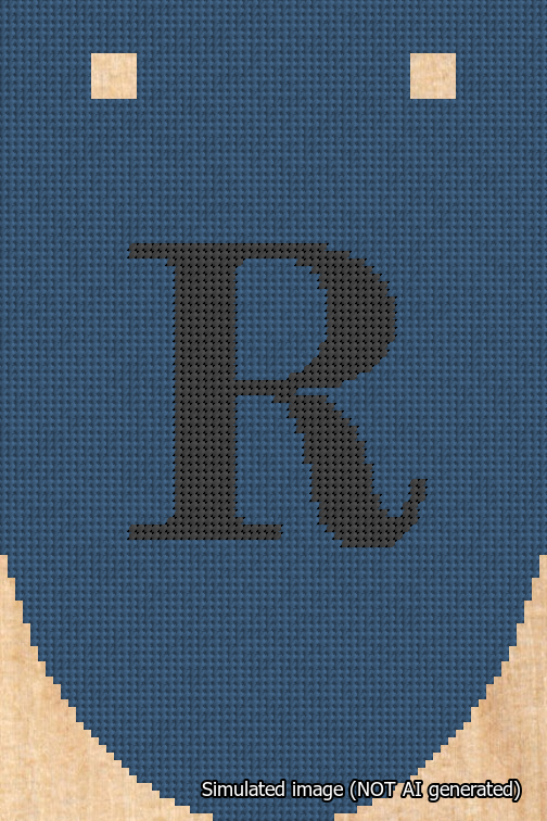 A simulated image of the stitched needlepoint design: Banner 18m Rounded R Black on Blue. Not A.I. generated.