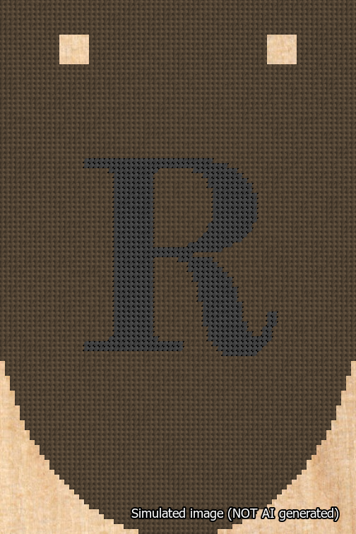 A simulated image of the stitched needlepoint design: Banner 18m Rounded R Black on Brown. Not A.I. generated.