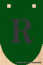 A simulated image of the stitched needlepoint design: Banner 18m Rounded R Black on Green. Not A.I. generated.
