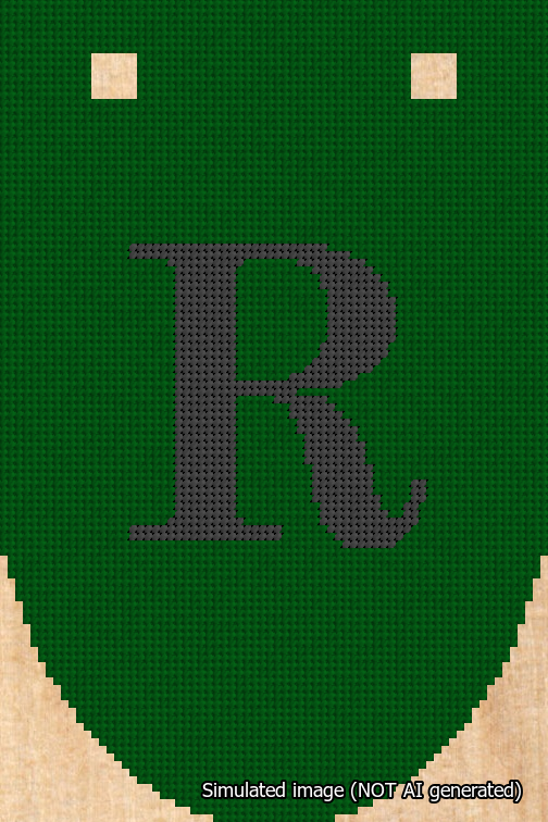 A simulated image of the stitched needlepoint design: Banner 18m Rounded R Black on Green. Not A.I. generated.