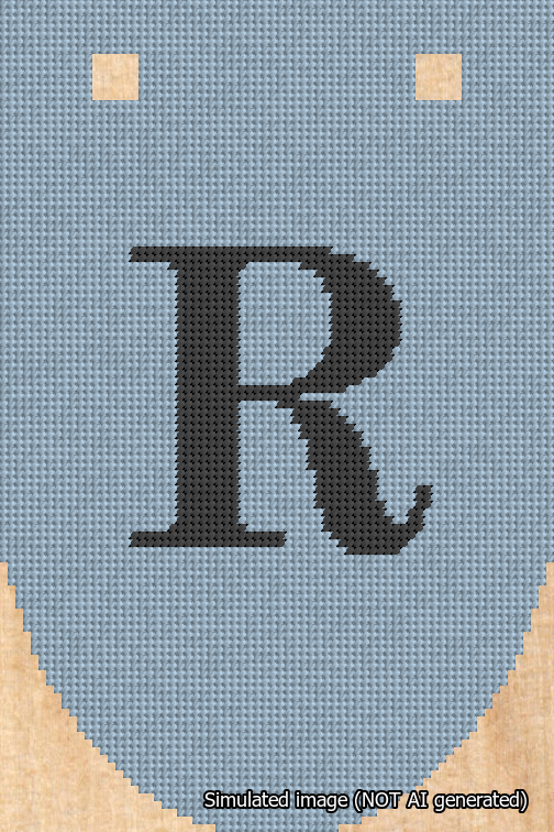 A simulated image of the stitched needlepoint design: Banner 18m Rounded R Black on Light Blue. Not A.I. generated.