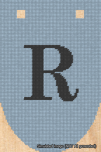 A simulated image of the stitched needlepoint design: Banner 18m Rounded R Black on Light Blue. Not A.I. generated.