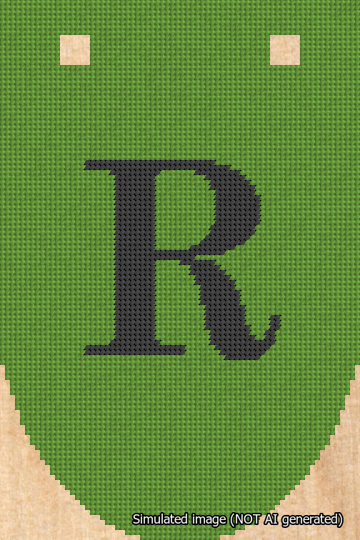 A simulated image of the stitched needlepoint design: Banner 18m Rounded R Black on Light Green. Not A.I. generated.