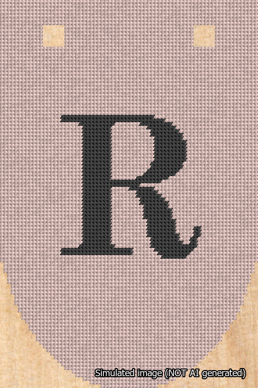 A simulated image of the stitched needlepoint design: Banner 18m Rounded R Black on Pink. Not A.I. generated.