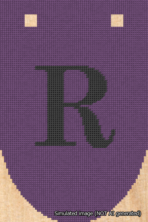 A simulated image of the stitched needlepoint design: Banner 18m Rounded R Black on Purple. Not A.I. generated.