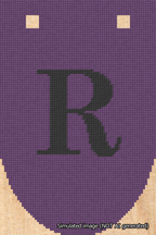 A simulated image of the stitched needlepoint design: Banner 18m Rounded R Black on Purple. Not A.I. generated.