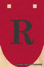 A simulated image of the stitched needlepoint design: Banner 18m Rounded R Black on Red. Not A.I. generated.