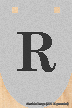 A simulated image of the stitched needlepoint design: Banner 18m Rounded R Black on White. Not A.I. generated.