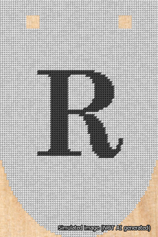 A simulated image of the stitched needlepoint design: Banner 18m Rounded R Black on White. Not A.I. generated.