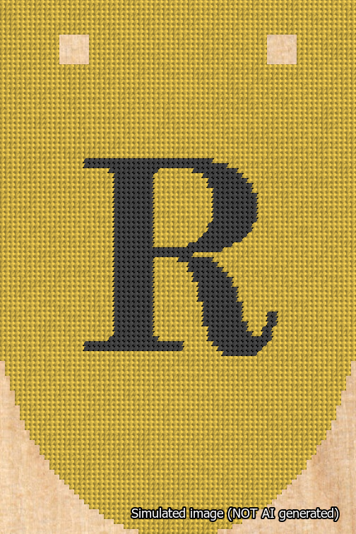 A simulated image of the stitched needlepoint design: Banner 18m Rounded R Black on Yellow. Not A.I. generated.